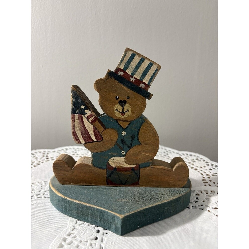 Vintage Wooden Painted Teddy Bear Flag Americana Patriotic Folk Art Uncle Sam